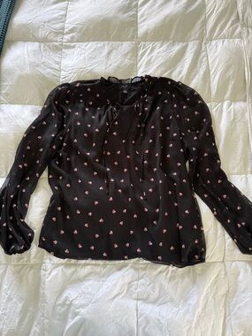 Haver Black Sheer Blouse with Pink Heart Print and Tie Neck
